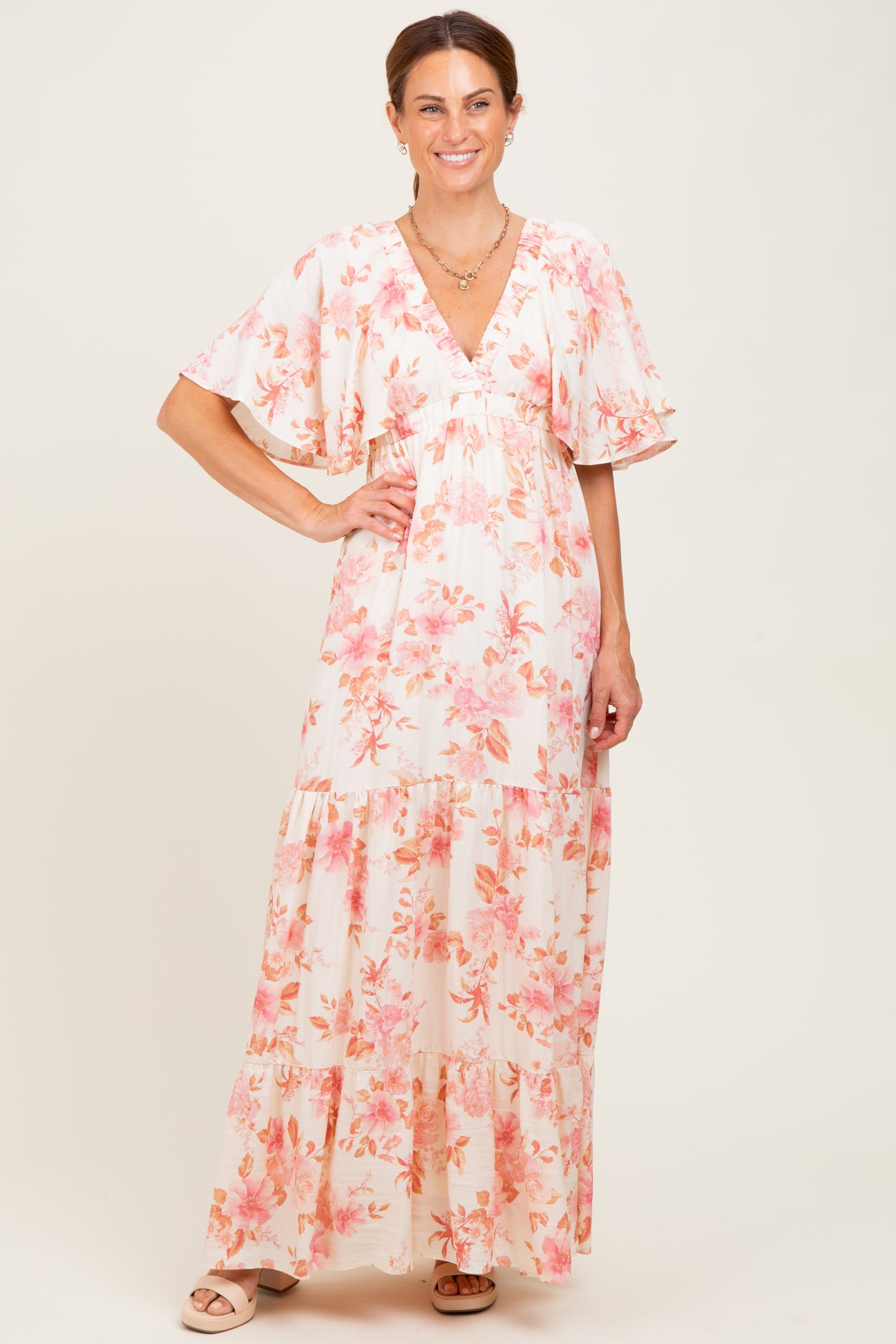 Pink Floral Satin Short Sleeve Deep V-Neck Tiered Maternity Maxi Dress