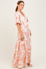 Pink Floral Satin Short Sleeve Deep V-Neck Tiered Maxi Dress