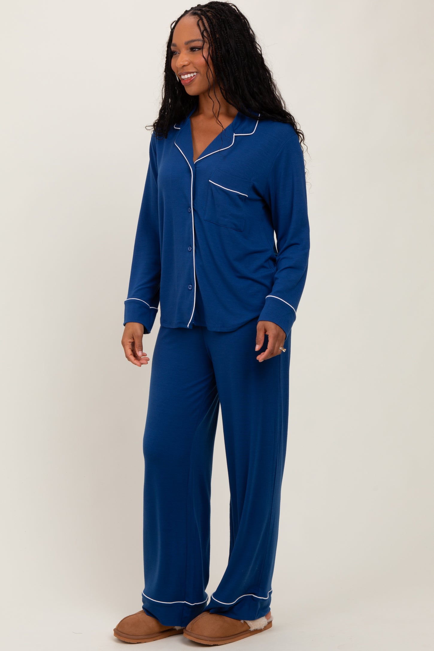 Navy Button Down Top Wide Leg Pant Pajama Set