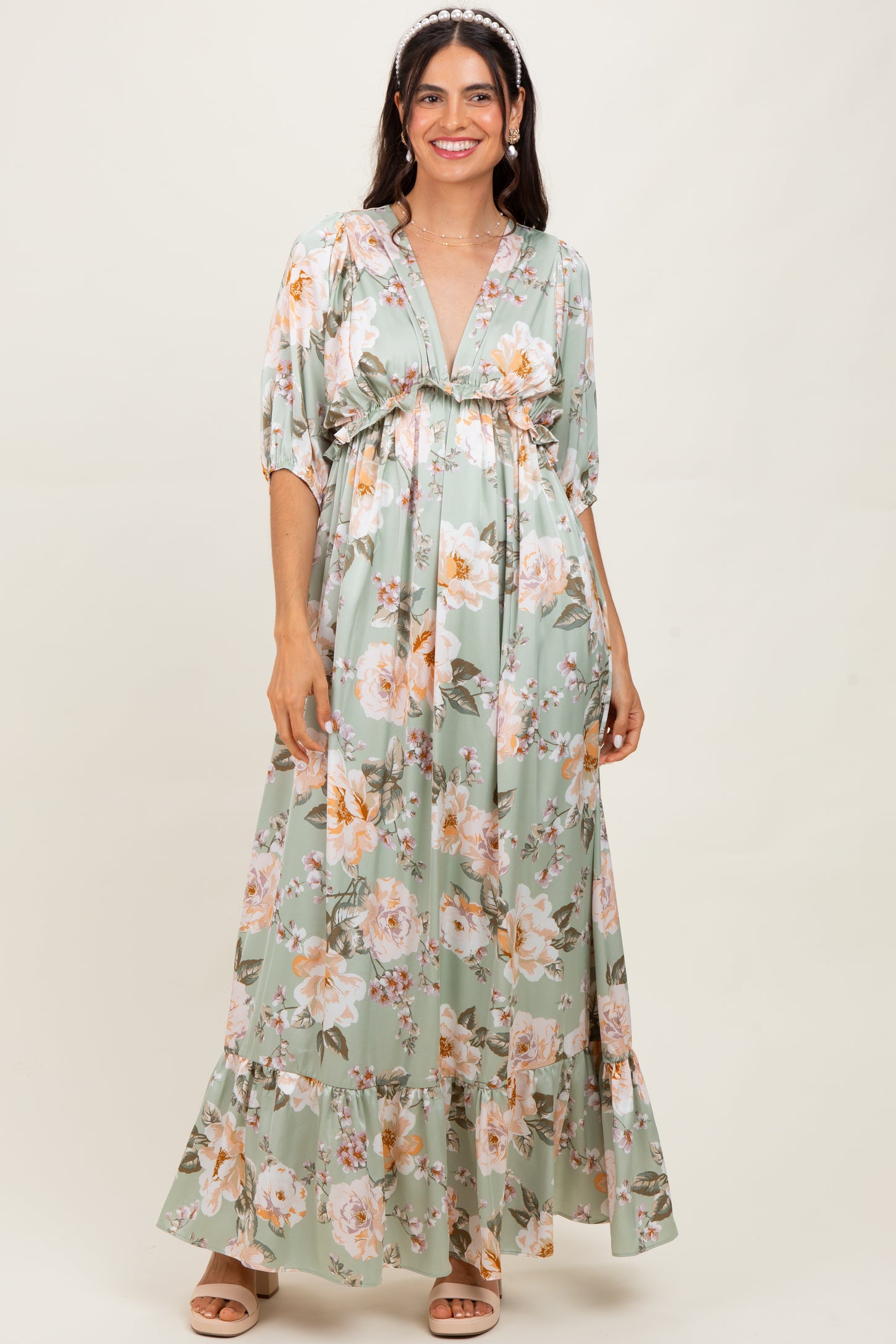 Sage Floral Print Elbow Sleeve V-Neck Tiered Maternity Maxi Dress