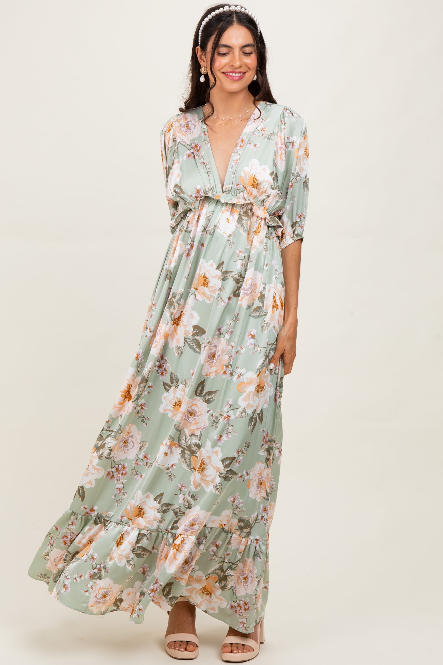 Sage Floral Print Elbow Sleeve V-Neck Tiered Maxi Dress