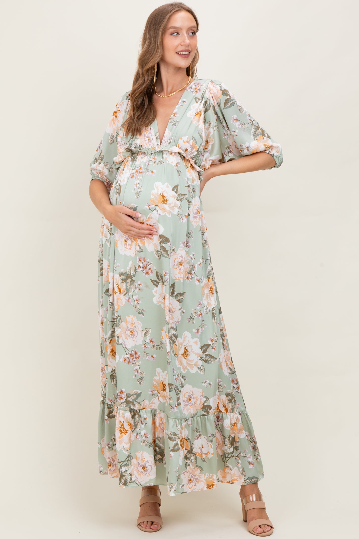 Sage Floral Print Elbow Sleeve V-Neck Tiered Maternity Maxi Dress