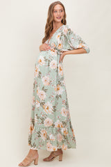 Sage Floral Print Elbow Sleeve V-Neck Tiered Maternity Maxi Dress