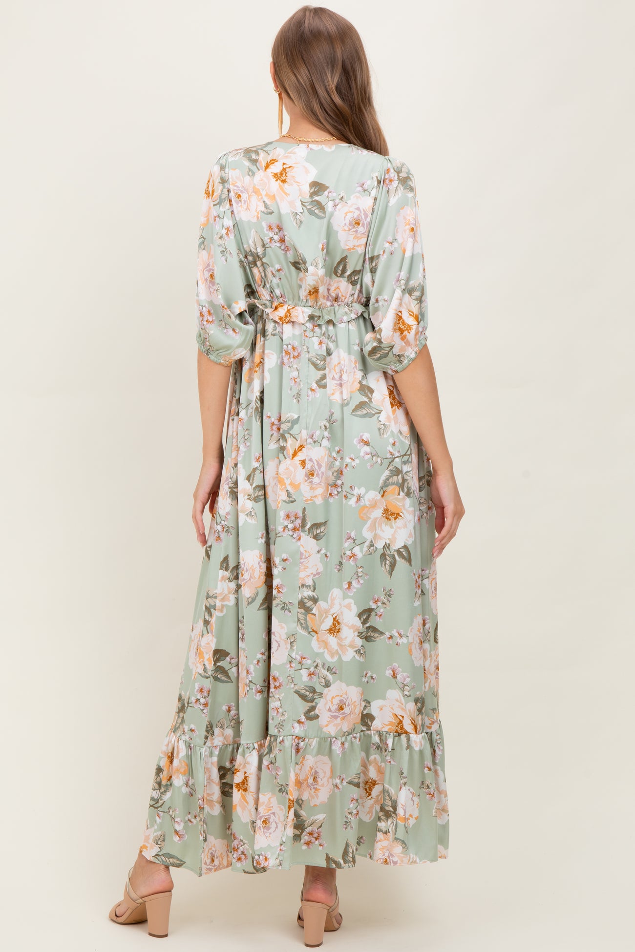Sage Floral Print Elbow Sleeve V-Neck Tiered Maternity Maxi Dress