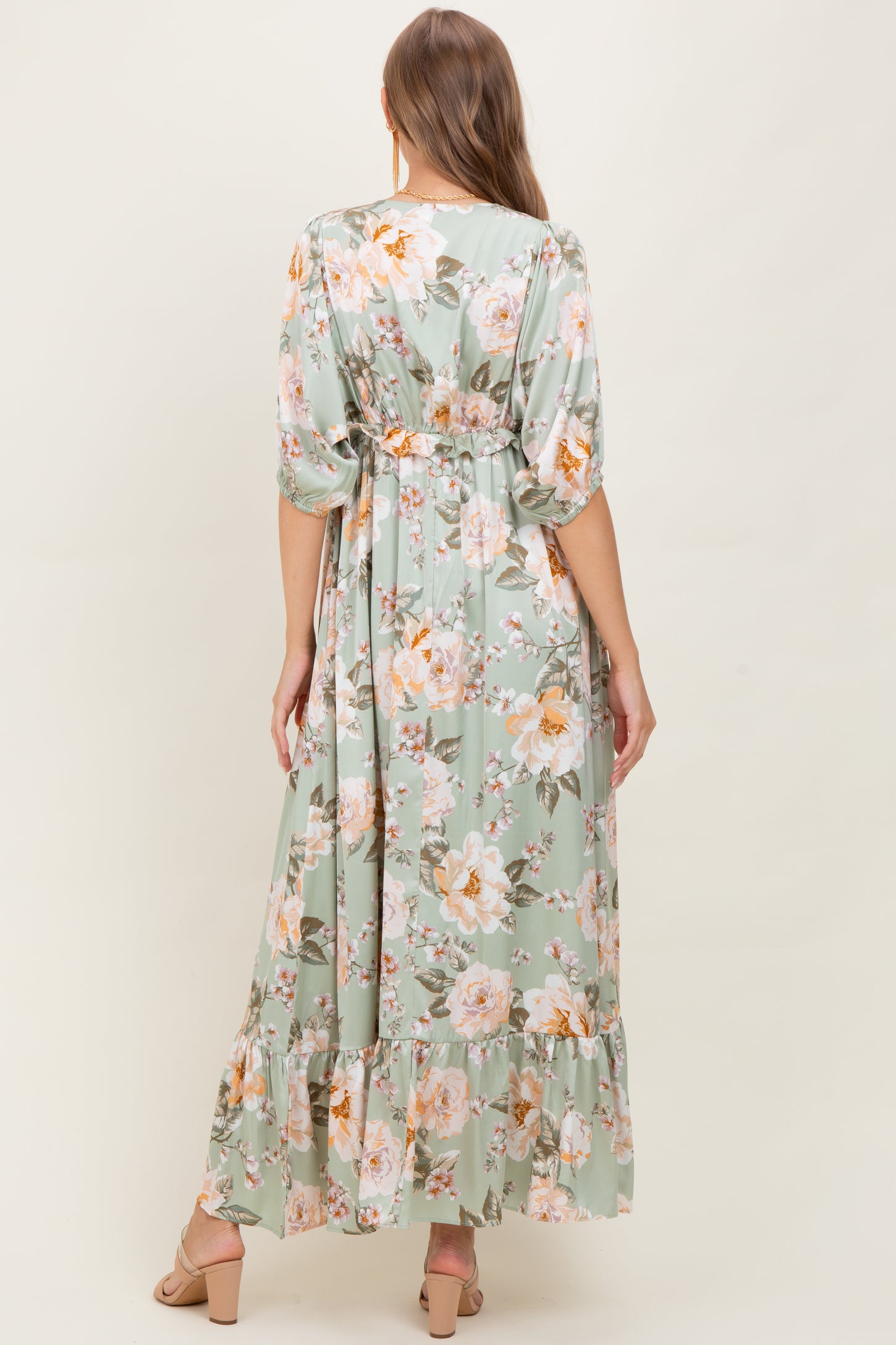 Sage Floral Print Elbow Sleeve V-Neck Tiered Maternity Maxi Dress