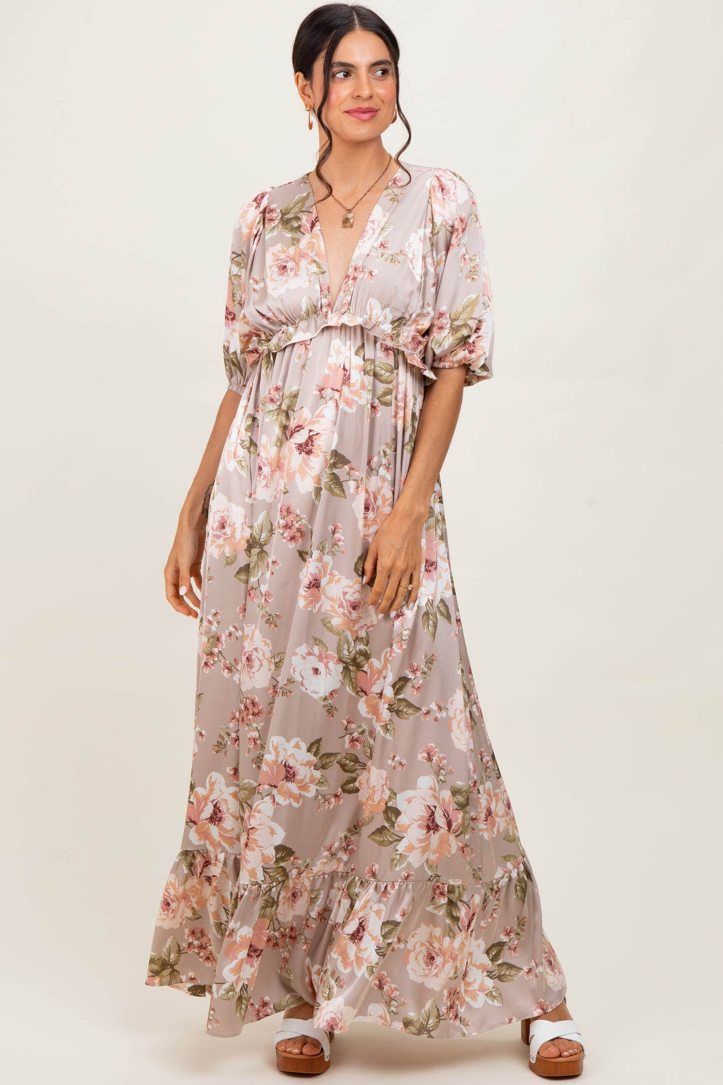 Taupe Floral Print Elbow Sleeve V-Neck Tiered Maxi Dress