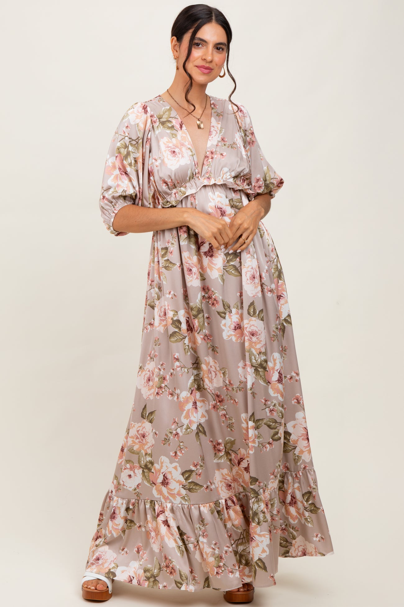Taupe Floral Print Elbow Sleeve V-Neck Tiered Maxi Dress