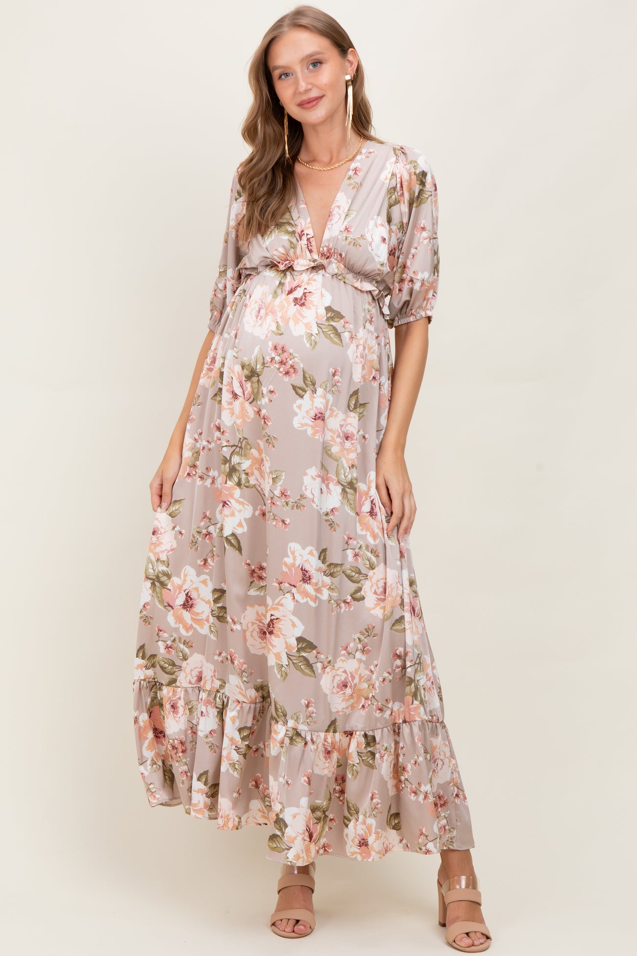 Taupe Floral Print Elbow Sleeve V-Neck Tiered Maternity Maxi Dress