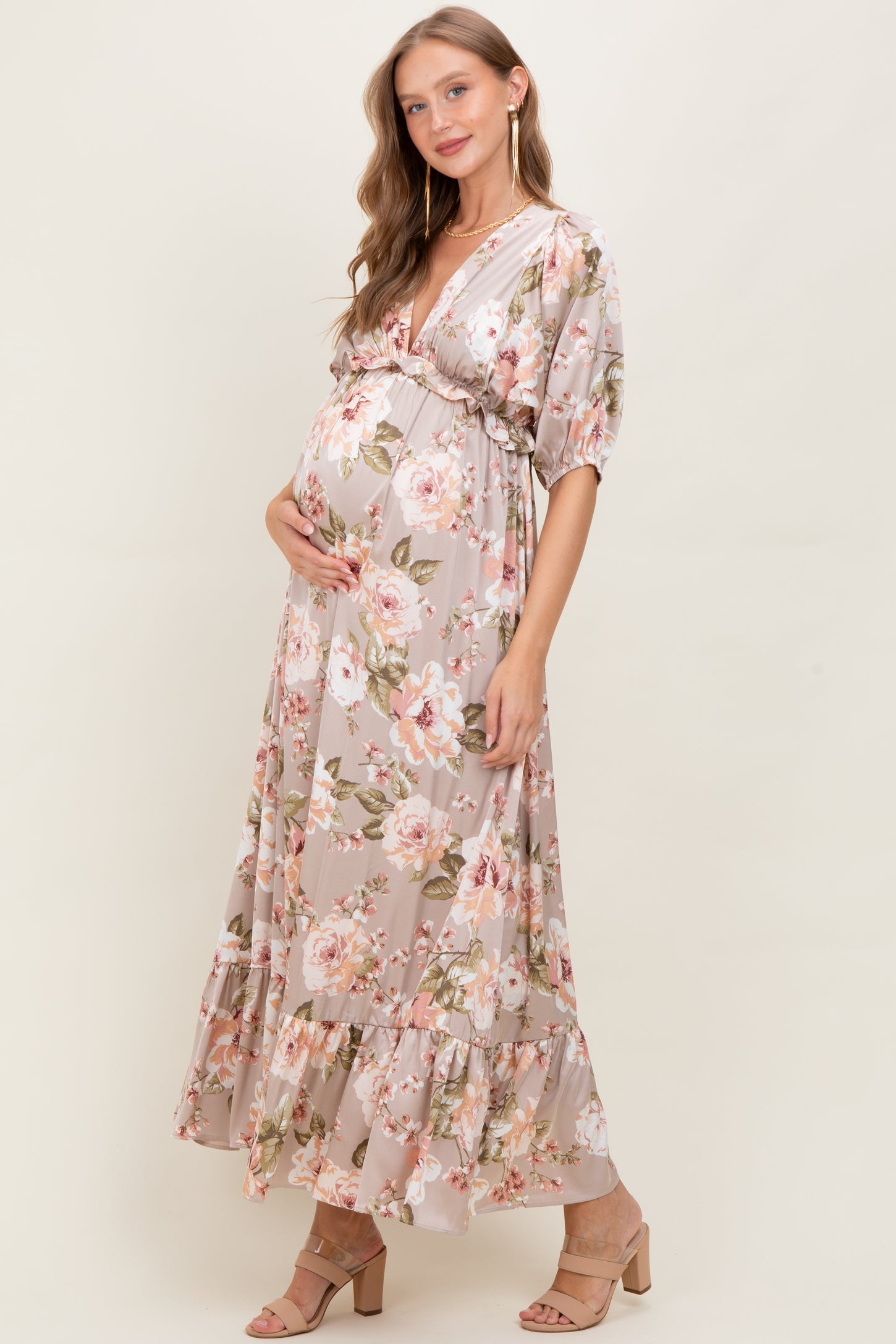 Taupe Floral Print Elbow Sleeve V-Neck Tiered Maternity Maxi Dress