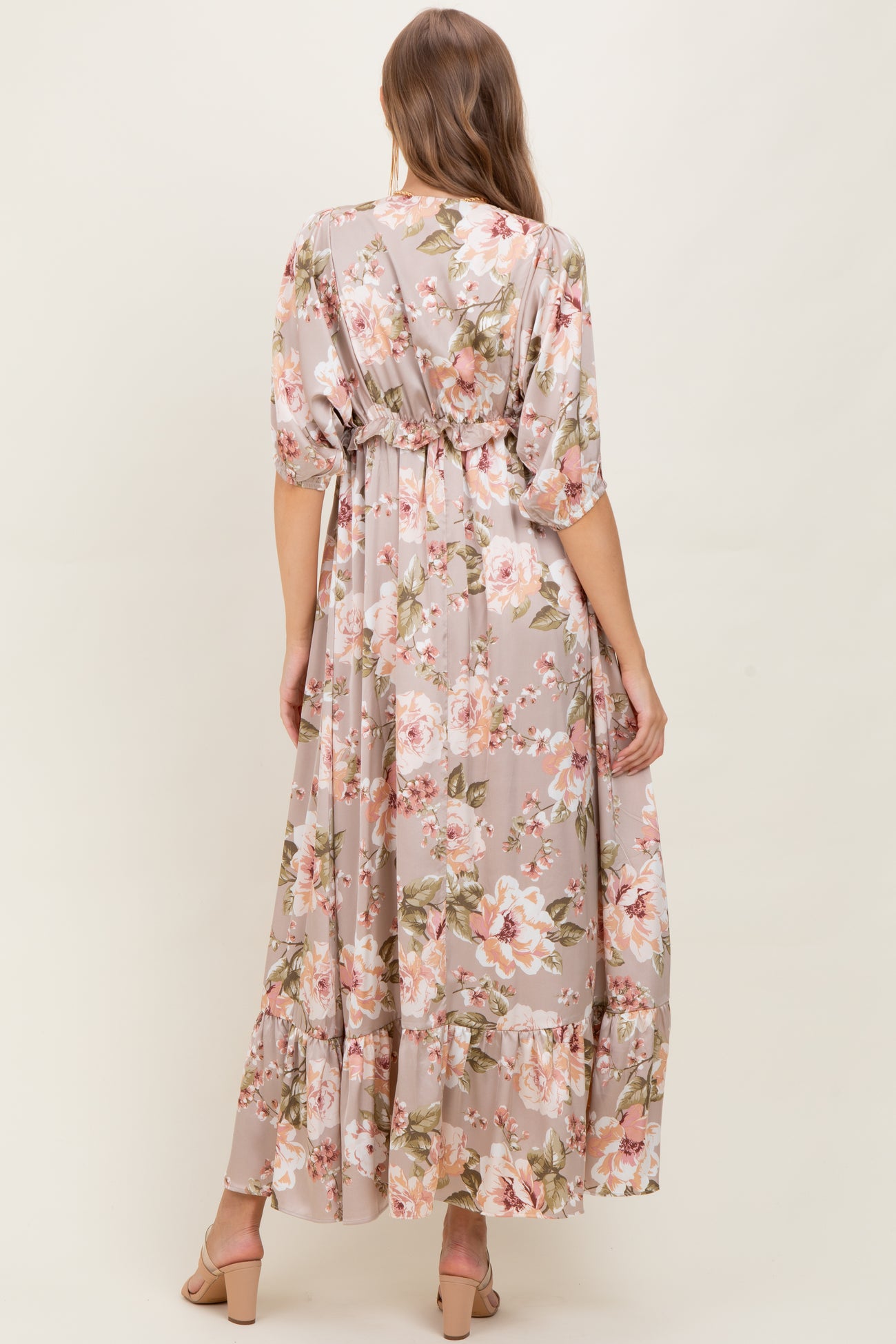 Taupe Floral Print Elbow Sleeve V-Neck Tiered Maternity Maxi Dress