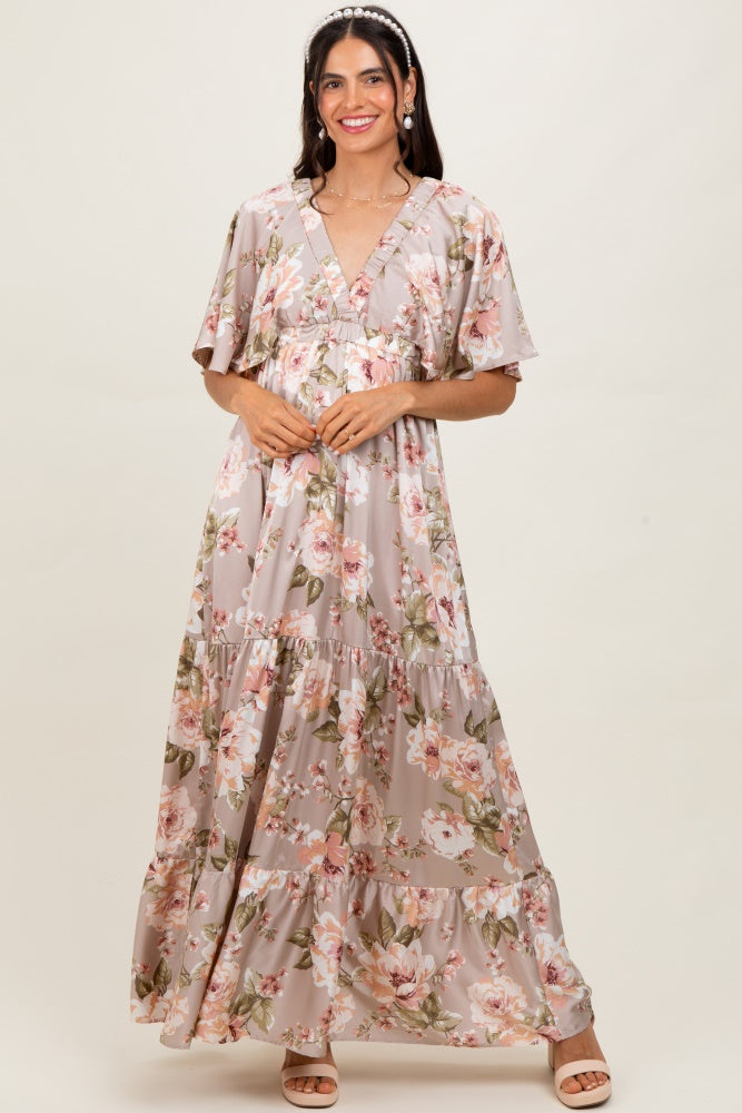 Taupe Floral Print Elbow Sleeve V-Neck Tiered Maternity Maxi Dress