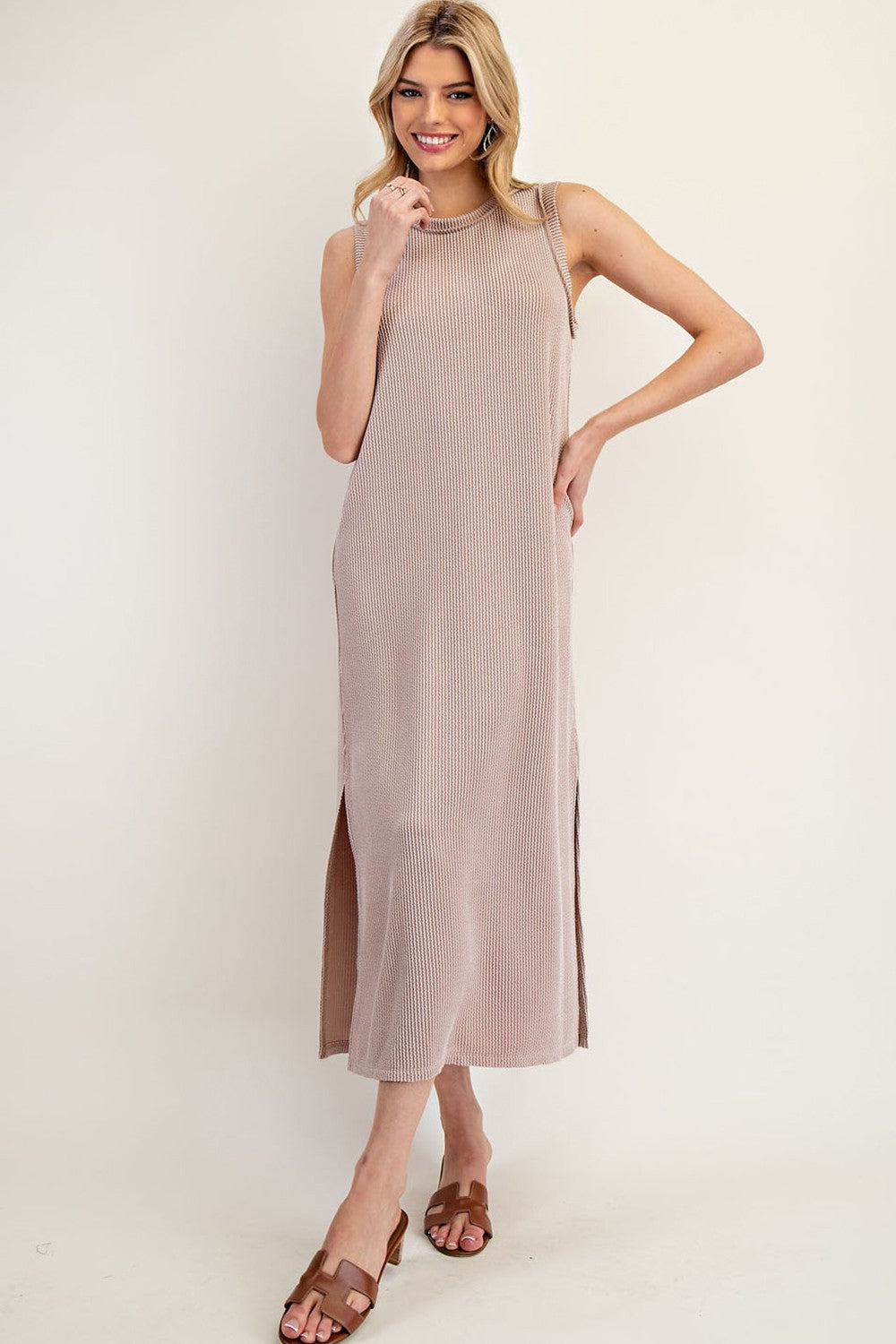 Light Taupe Ribbed Sleeveless Side Slit Maternity Midi Dress