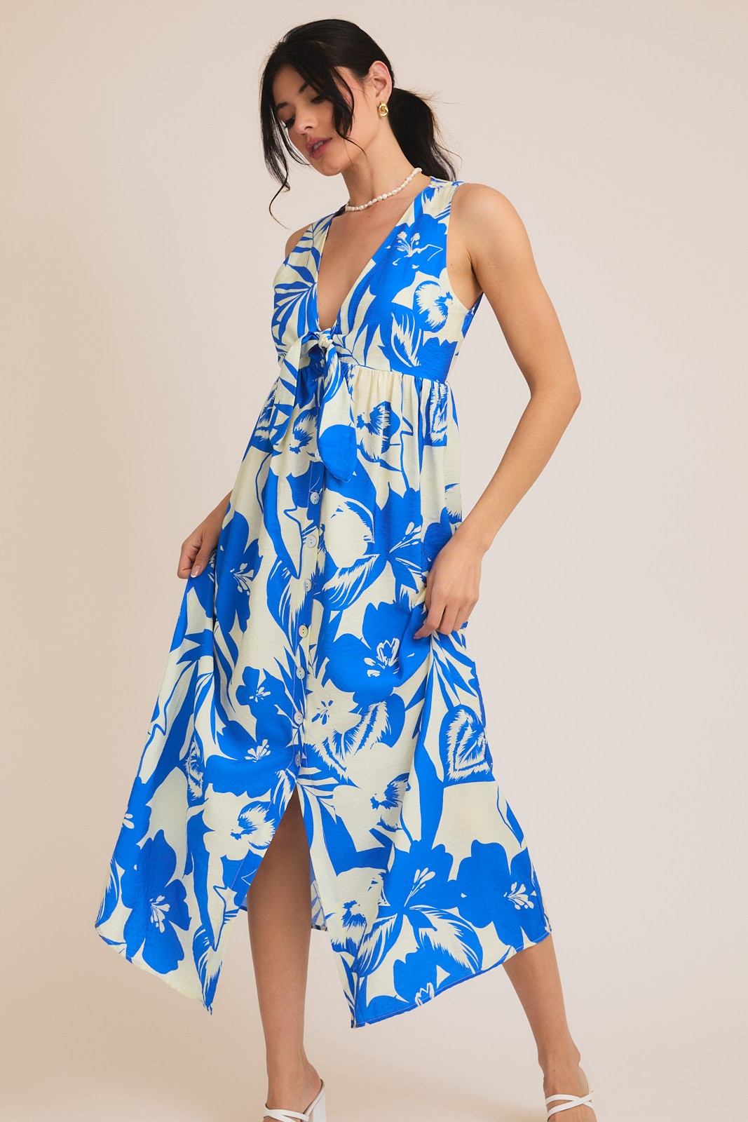Blue Tropical Print Front Tie Sleeveless Button Up Dress