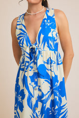 Blue Tropical Print Front Tie Sleeveless Button Up Dress