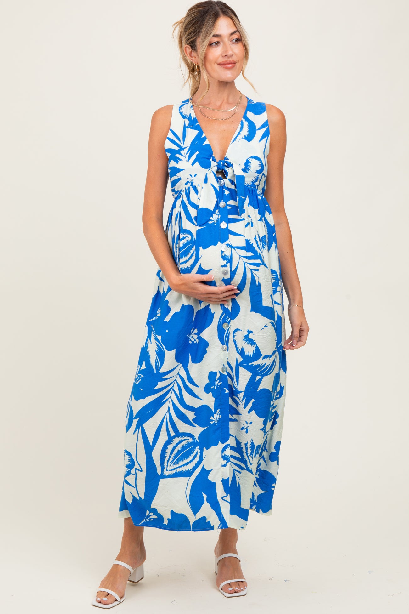 Blue Tropical Print Front Tie Sleeveless Button Up Maternity Dress