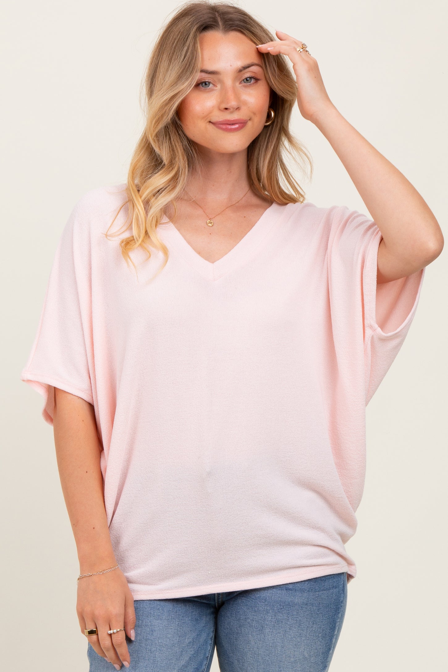 Light Pink V-Neck Crepe Knit Top