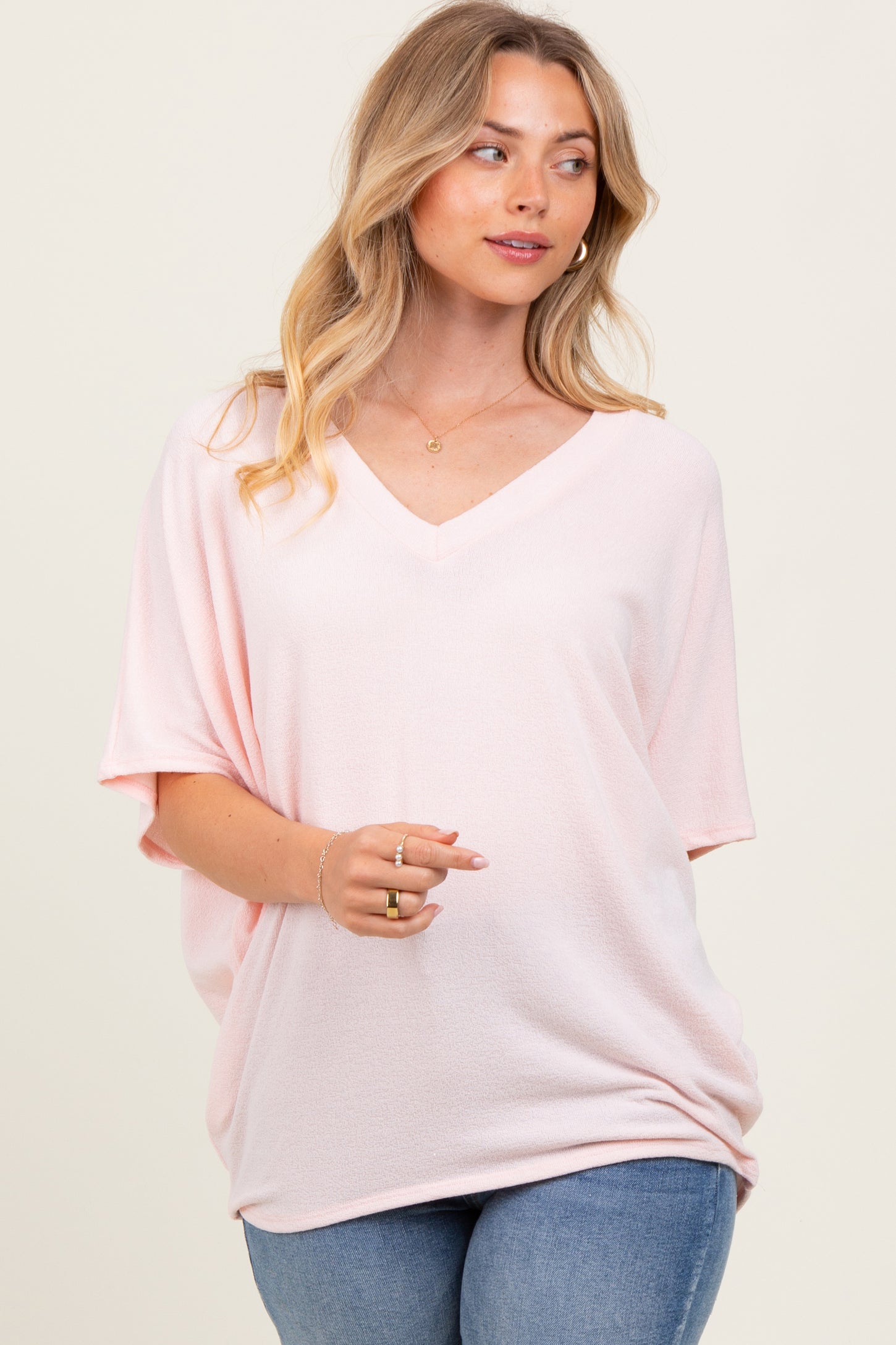 Light Pink V-Neck Crepe Knit Top