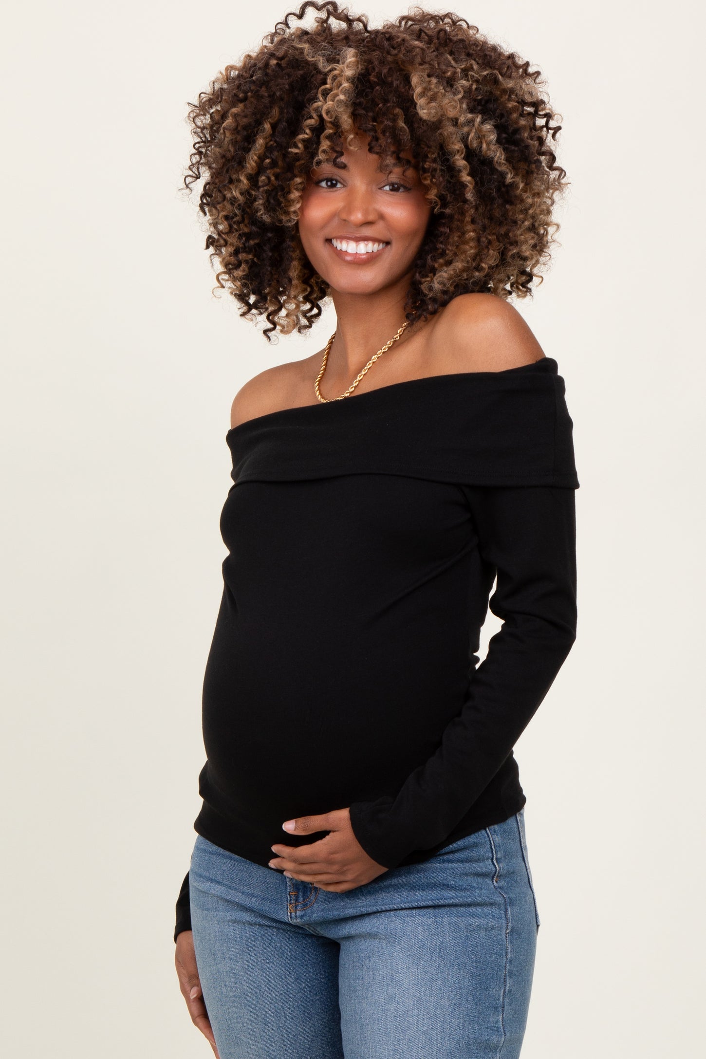 Black Off Shoulder Foldover Maternity Long Sleeve Top
