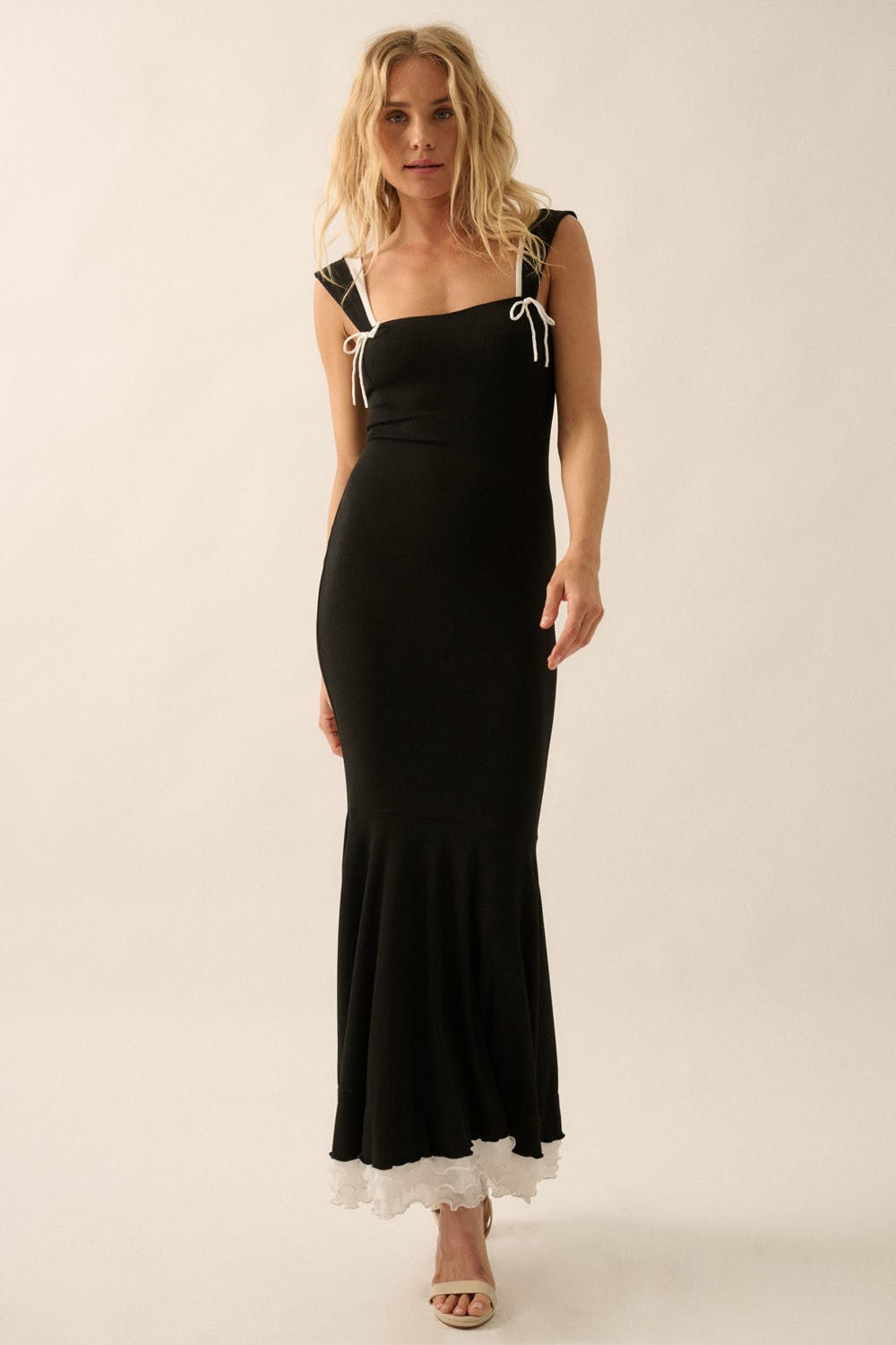 Black Knit Tie Detail Sleeveless Mermaid Maxi Dress
