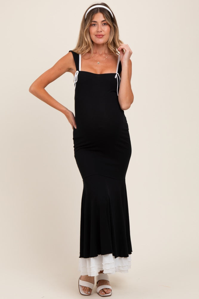 Black Knit Tie Detail Sleeveless Mermaid Maxi Maternity Dress