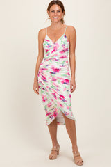 Fuchsia Floral Ruched Tulip Hem Maternity Midi Dress