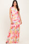 Pink Floral Ruched Mesh One Shoulder Maxi Dress