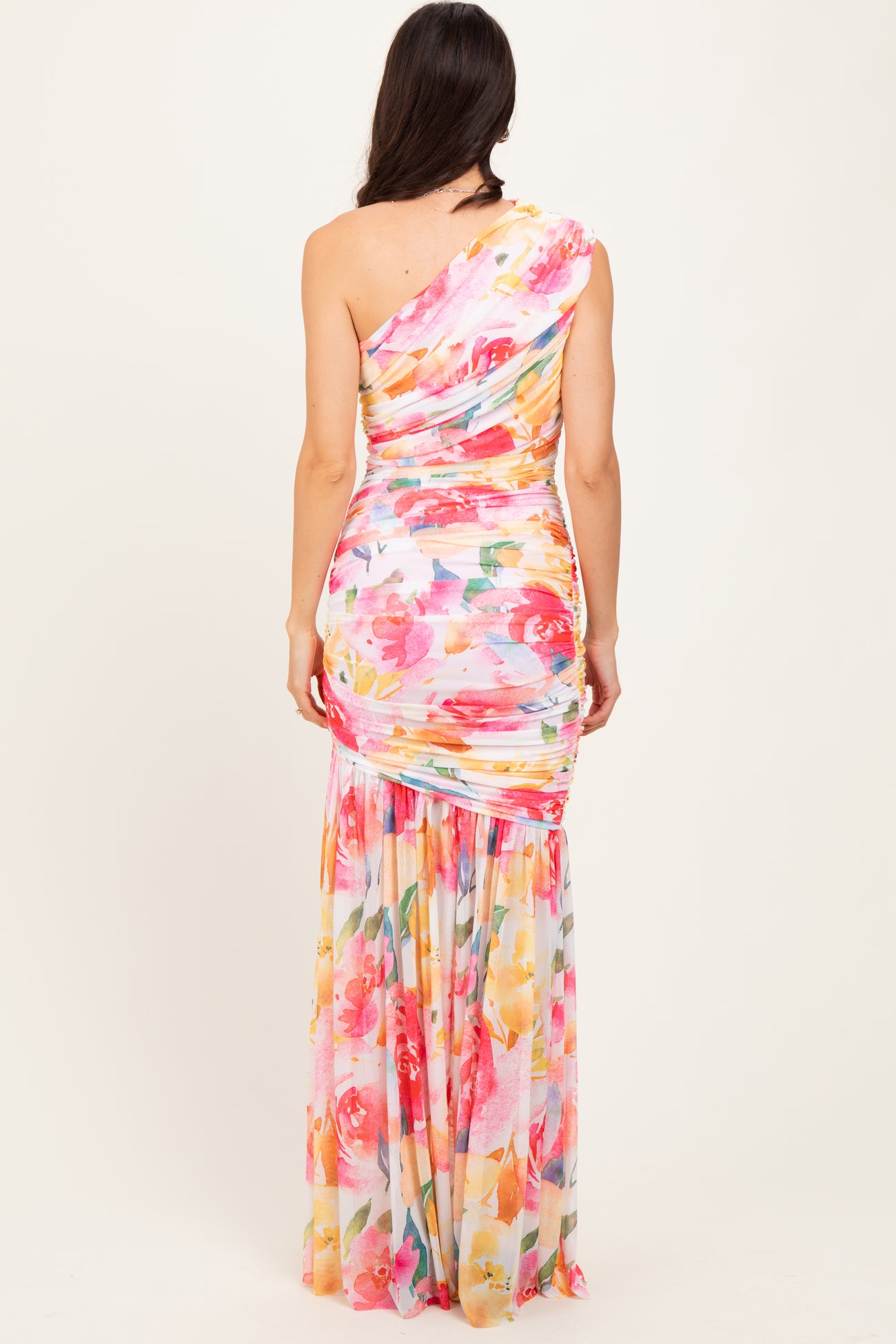Pink Floral Ruched Mesh One Shoulder Maxi Dress