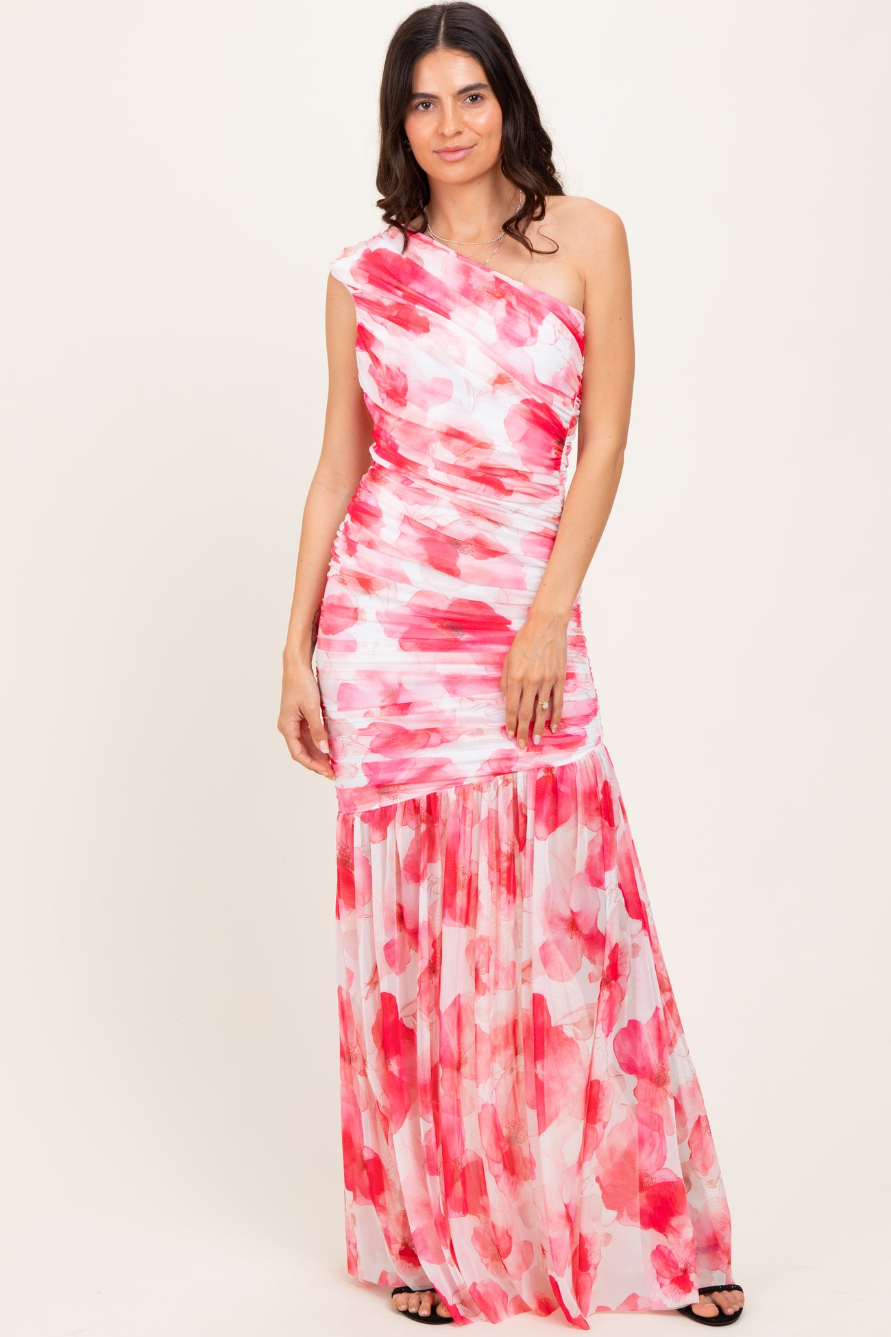 Fuchsia Floral Ruched Mesh One Shoulder Maxi Dress