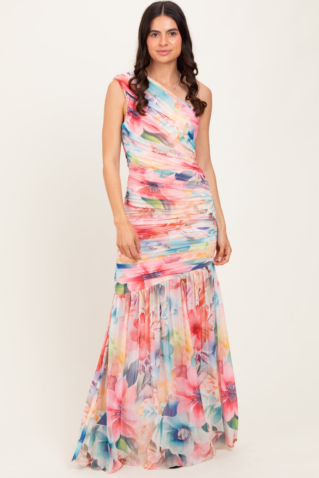 Multicolor Floral Ruched Mesh One Shoulder Maternity Maxi Dress