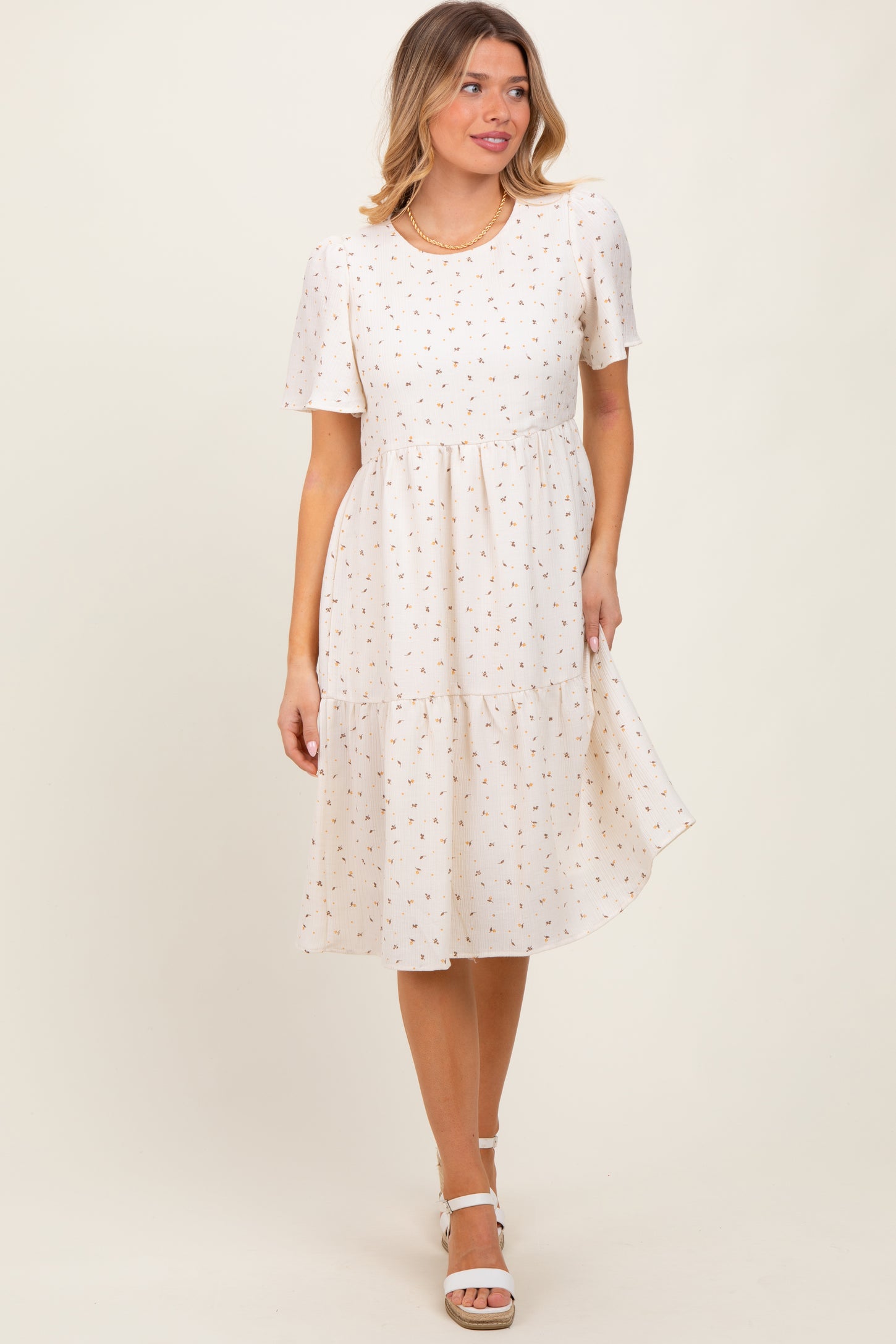 Ivory Floral Short Sleeve Tiered Midi Dress