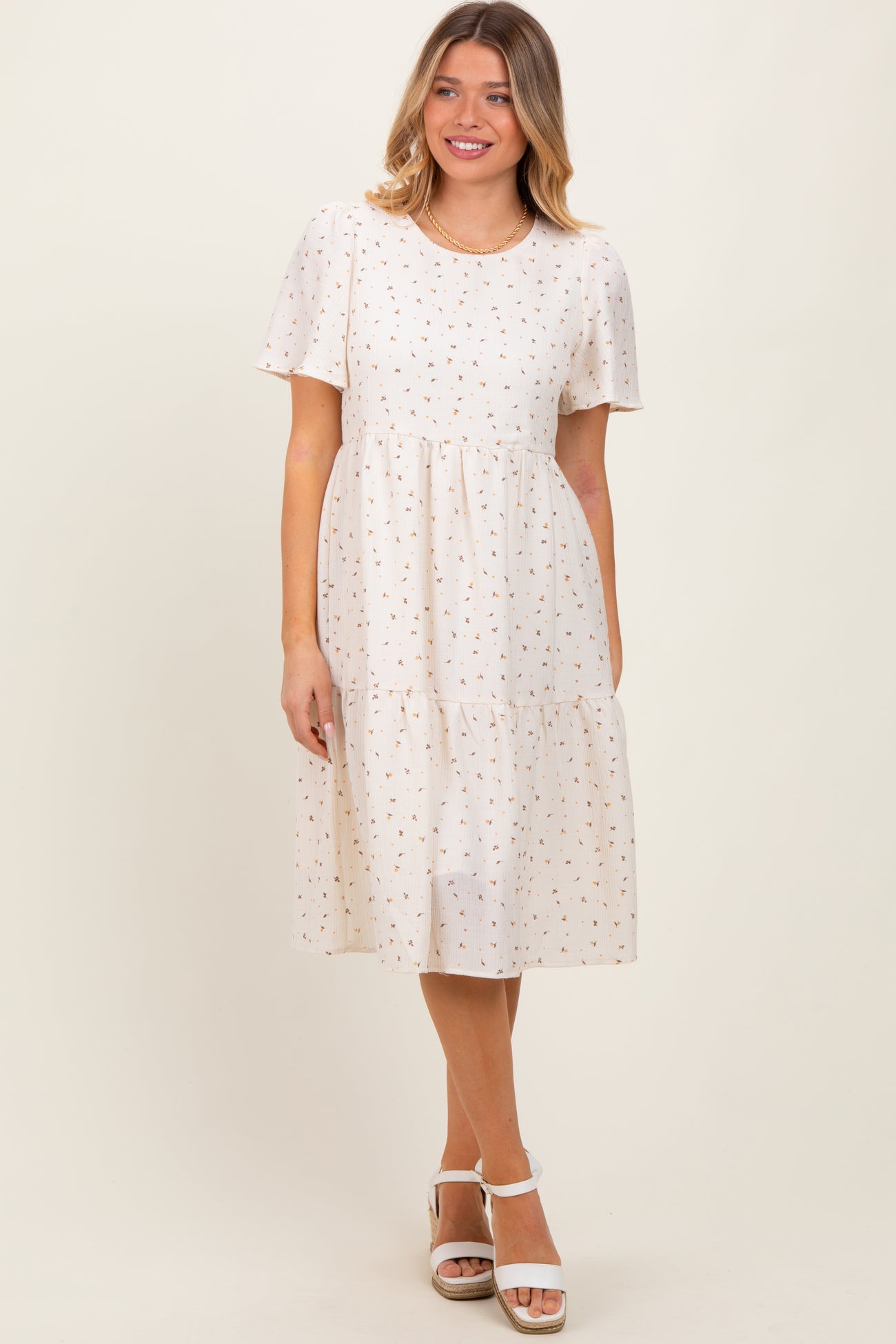 Ivory Floral Short Sleeve Tiered Midi Dress