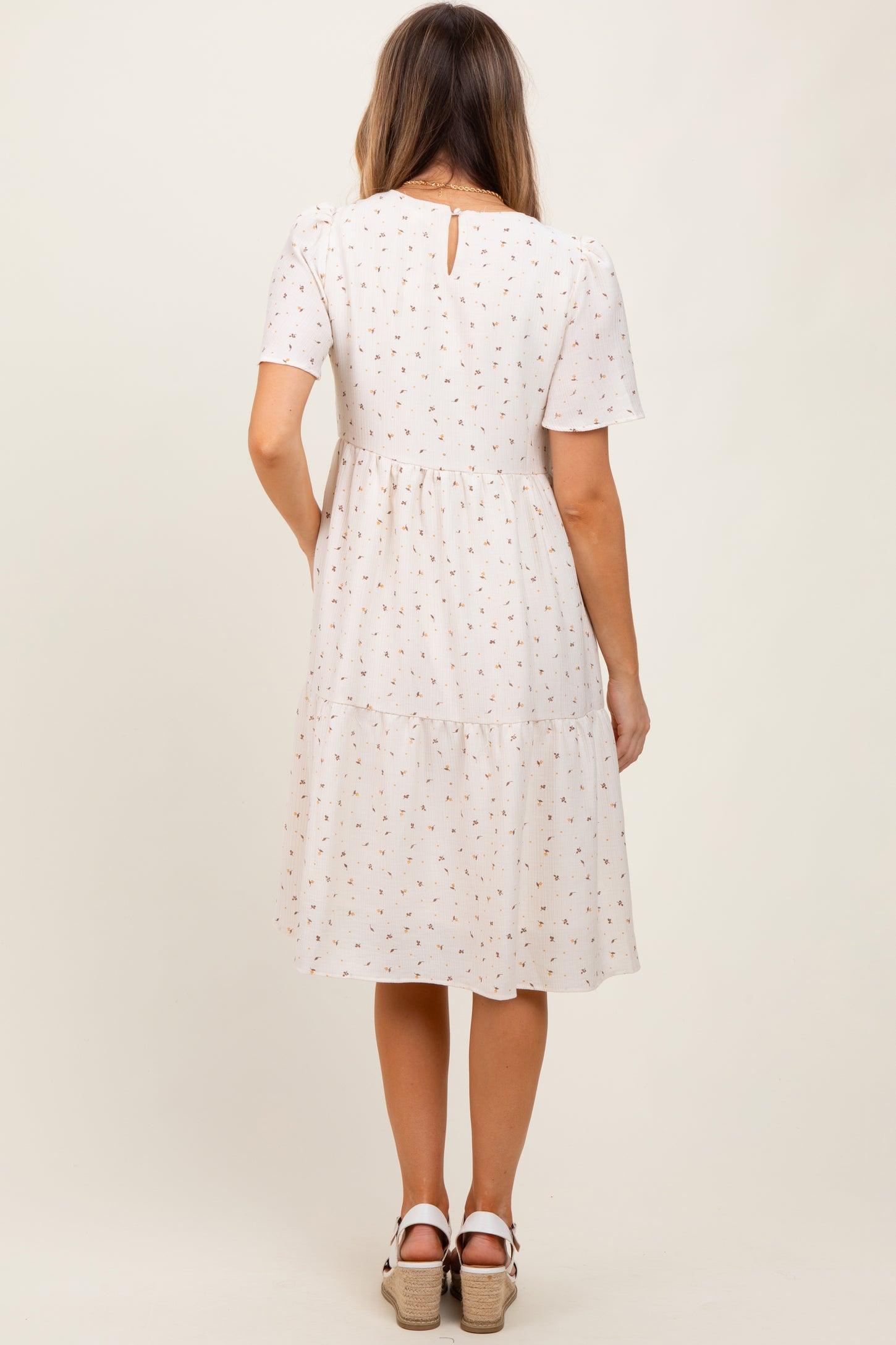 Ivory Floral Short Sleeve Tiered Midi Dress