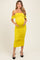 woman wearing a bright yellow off-the-shoulder maternity dress, showcasing her baby bump with gathered detailing