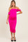 woman wearing a fuchsia off-the-shoulder maternity dress with ruching and a visible baby bump