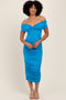 Blue Knotted Off Shoulder Ruched Midi Dress
