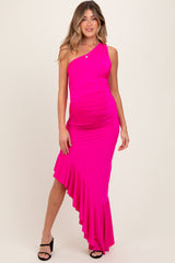 woman wearing a bright pink one-shoulder maternity dress with a ruffled hem and a visible baby bump