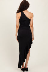 woman wearing a black one-shoulder midi dress with a ruched bodice and a ruffled hem, seen from the back