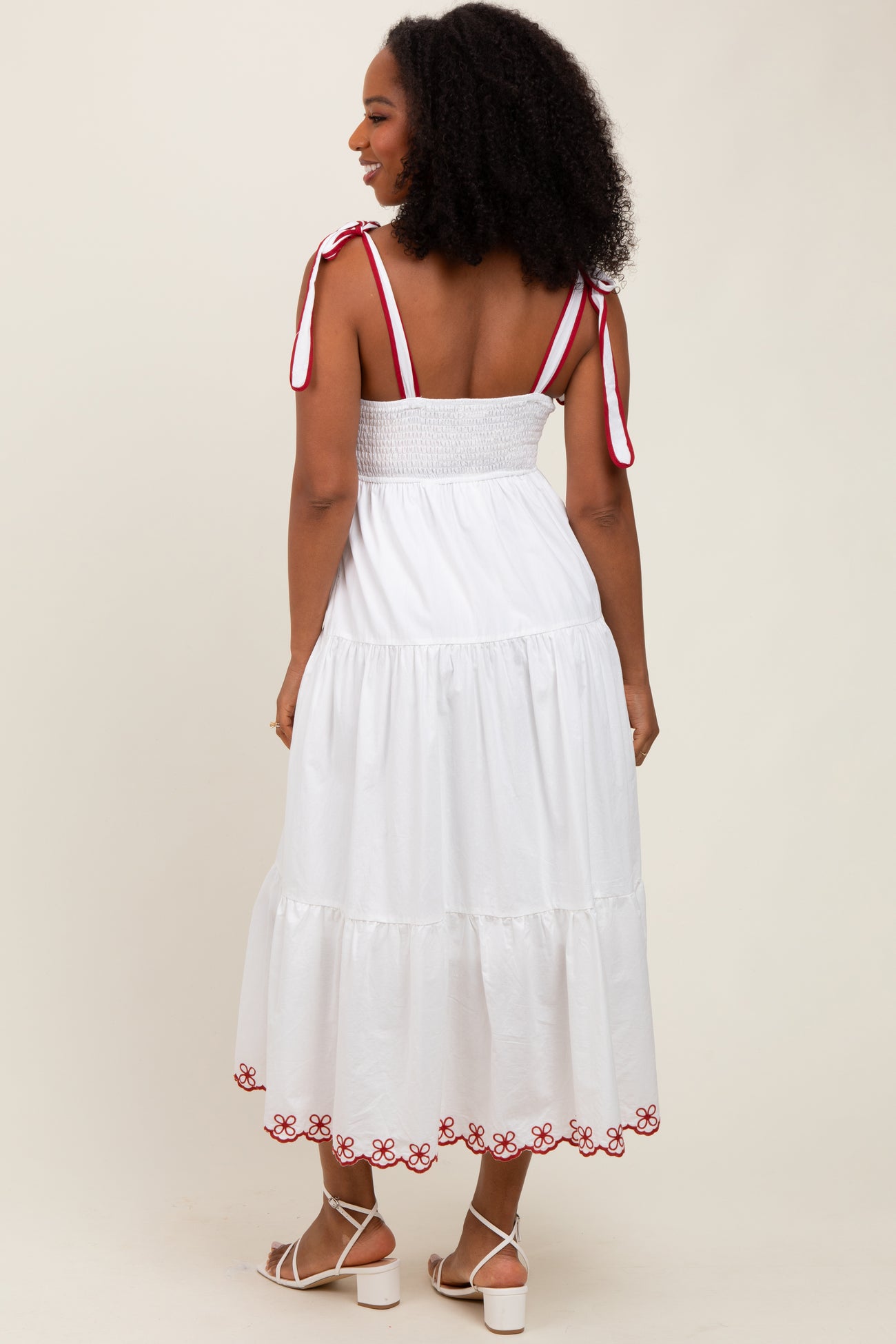 Ivory Embroidered Tiered Midi Dress