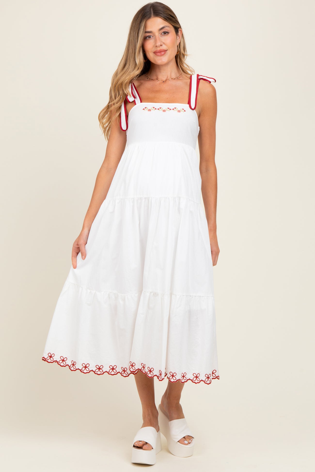 Ivory Embroidered Tiered Maternity Midi Dress