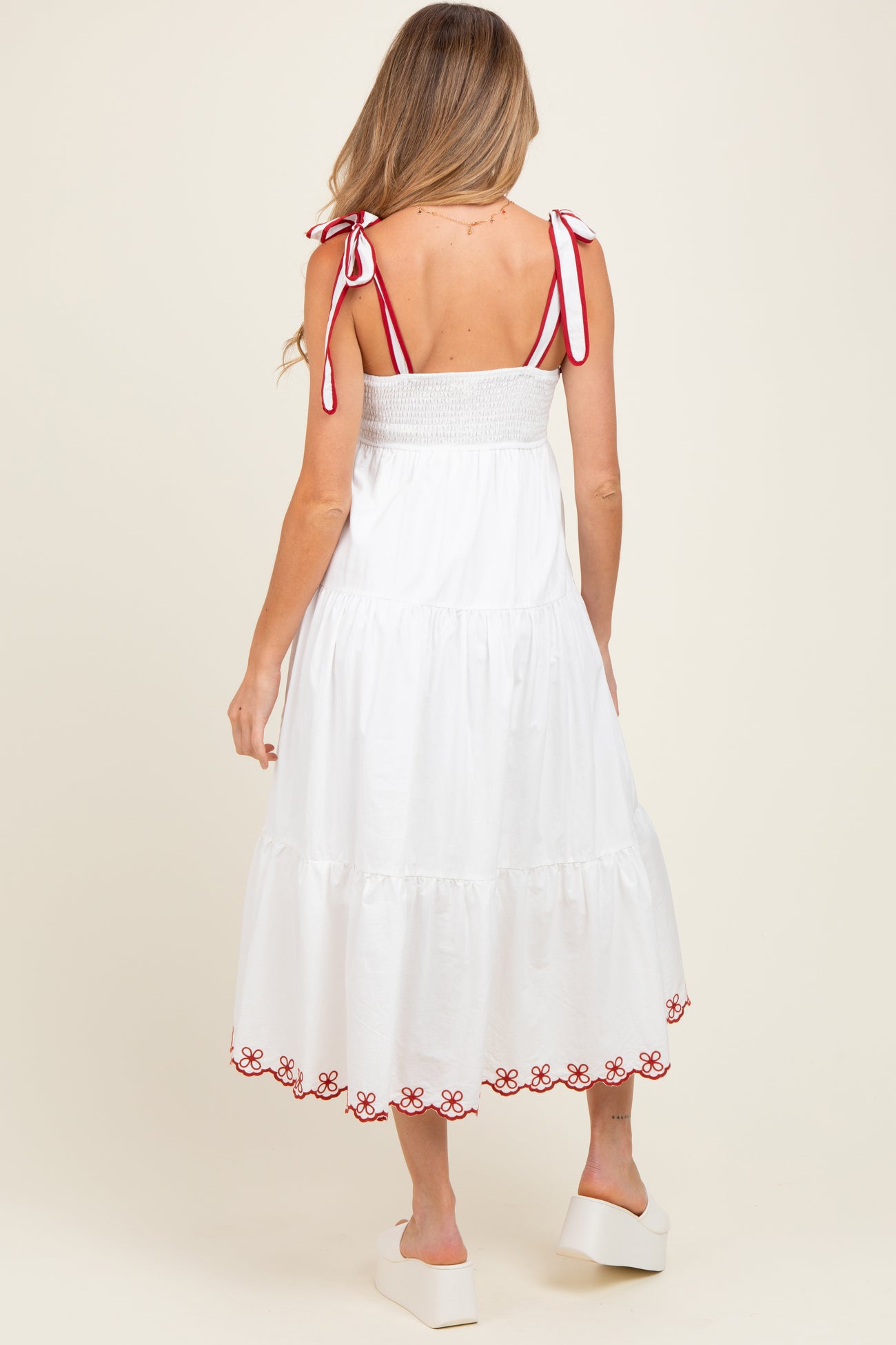 Ivory Embroidered Tiered Maternity Midi Dress