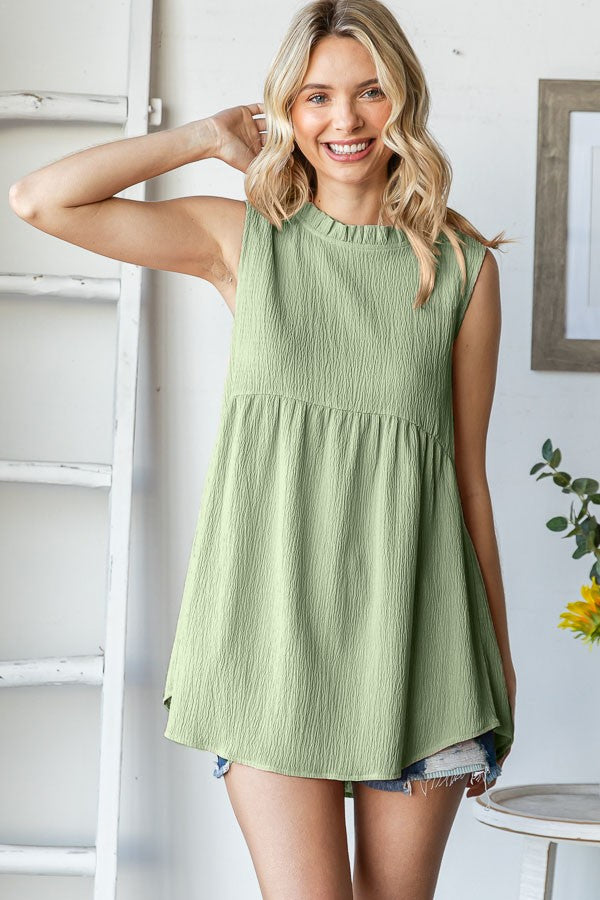 Light Olive Ruffle Mock Neck Maternity Sleeveless Blouse