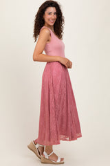 woman wearing a pink lace maxi skirt with a fitted tank top and wedge sandals