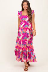 Magenta Tropical Floral Tiered Maternity Maxi Dress
