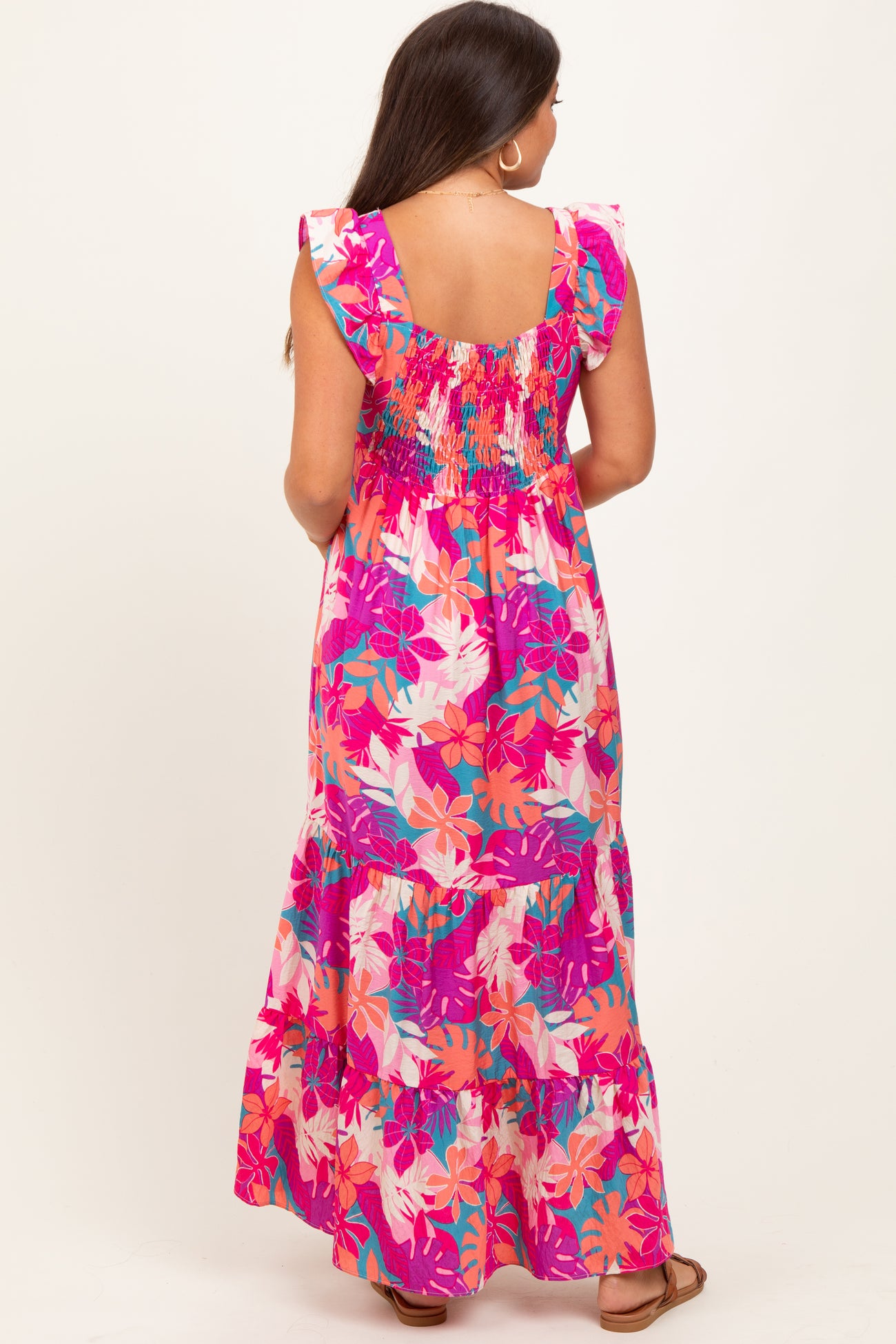 Magenta Tropical Floral Tiered Maternity Maxi Dress
