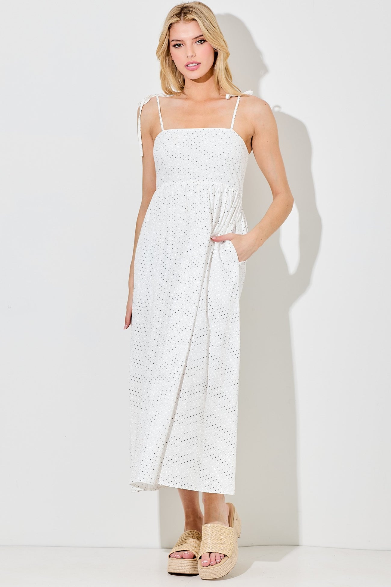Ivory Polka Dot Shoulder Tie Maternity Midi Dress