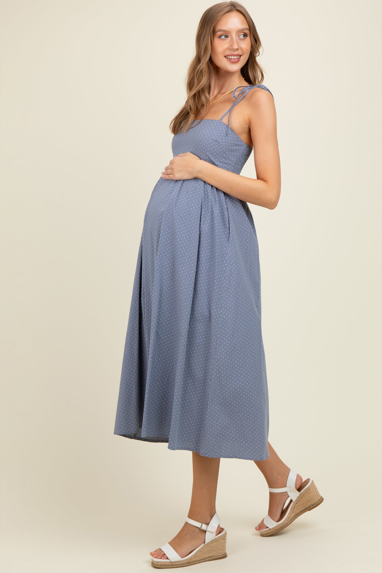 Blue Polka Dot Shoulder Tie Maternity Midi Dress