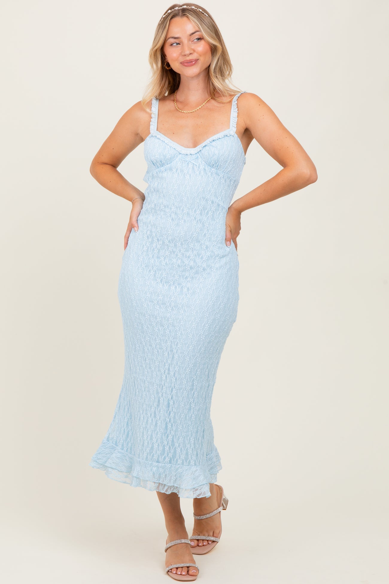 Light Blue Lace Overlay Sweetheart Neckline Midi Dress