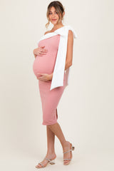 Mauve Coloblock One Shoulder Draped Maternity Midi Dress