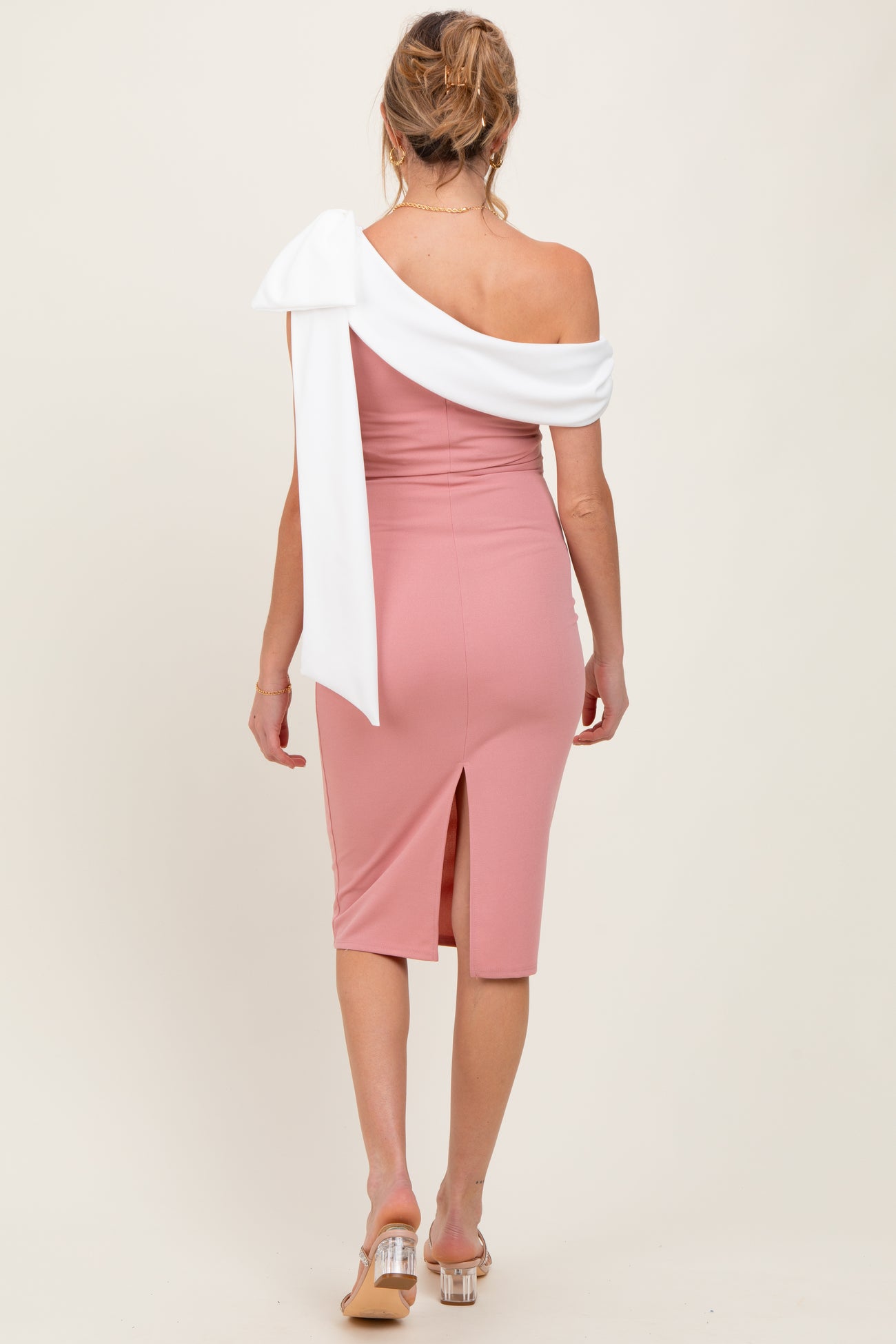 Mauve Coloblock One Shoulder Draped Maternity Midi Dress
