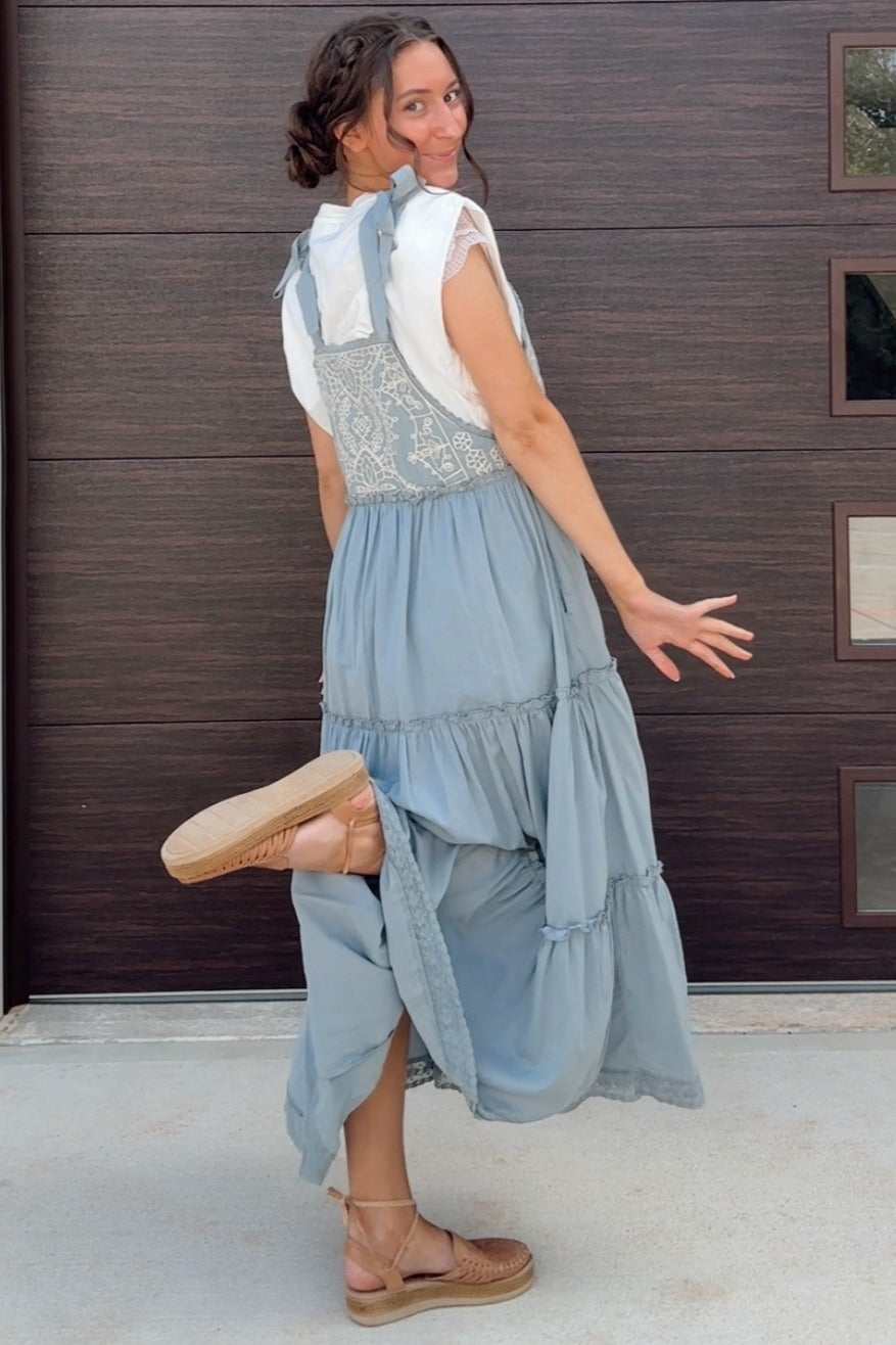 Blue Embroidered Ruffle Tiered Apron Dress